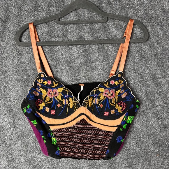 Free People Tops - Free People Bustier Top Womens Medium Black Floral Embroidered Smocked